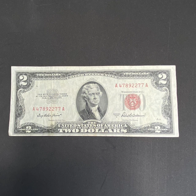 1953-A $2 Two Dollar US RED SEAL Jefferson Note Bill US Currency Uncirculated