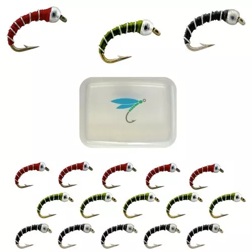 18 Pc ZEBRA MIDGE Nymph Fly Fishing Trout Flies - RGO with Case, Hook Size #18