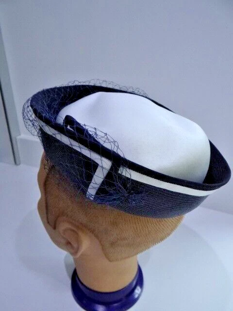 CAPPELLO DONNA TRICIA ANNI '50 STILE VELA RETE NAVY bianco carino pilastro vintage
