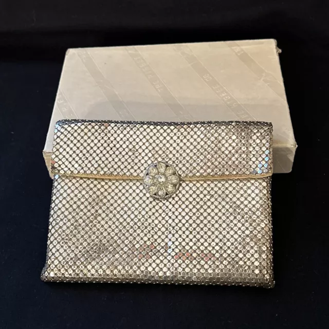 Vintage Whiting & Davis Mesh Silver Metallic Clutch Bag Rhinestone Clasp Box