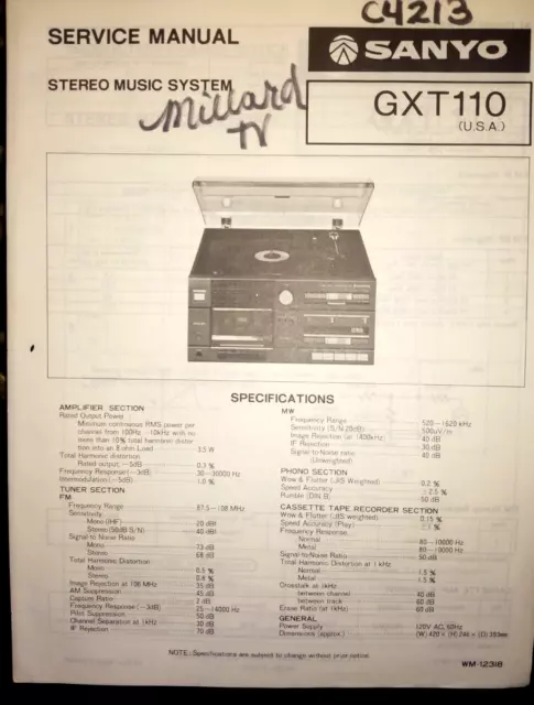 Sanyo Gxt110 Stereo Music System Original Service Manual