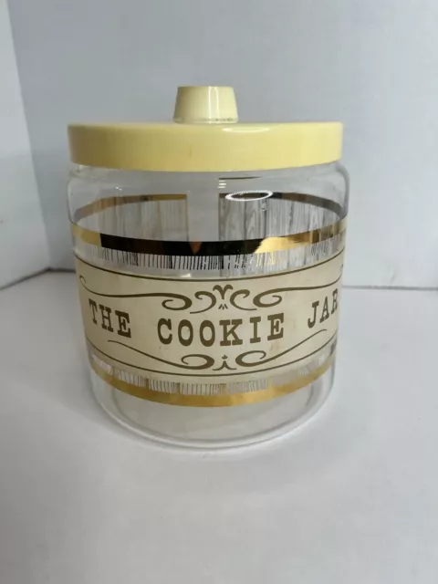 Pyrex Glass The Cookie Jar Gold Paint Design White Lid Mid Century Modern Vtg