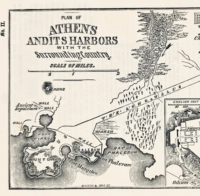 1855 Athens Harbors Map ORIGINAL Ancient Greece Acropolis Parthenon