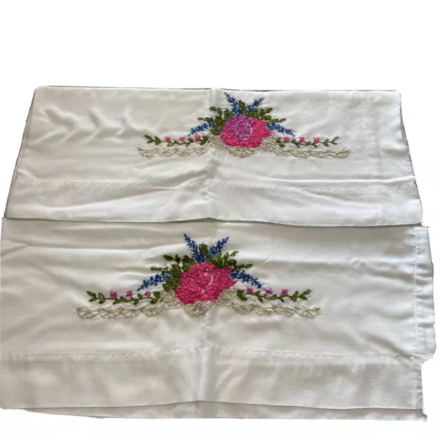 Vintage Pair Pillowcases Hand Embroidered Pink Flowers Trim Standard Size