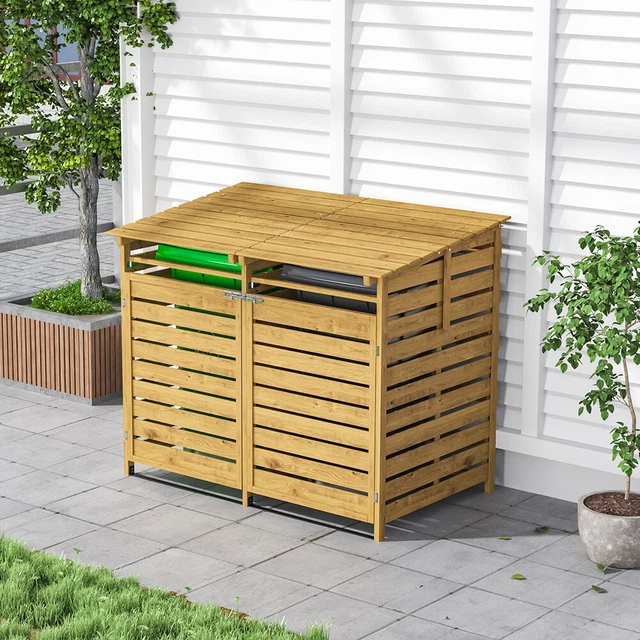 WOODEN DOUBLE WHEELIE Bin Shed Garden Dustbin Storage Cupboard Outdoor