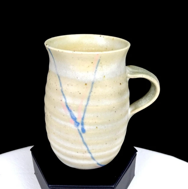 Pas Signed Studio Art Pottery Tan Wheel Thrown Abstract Flower 4" Mug