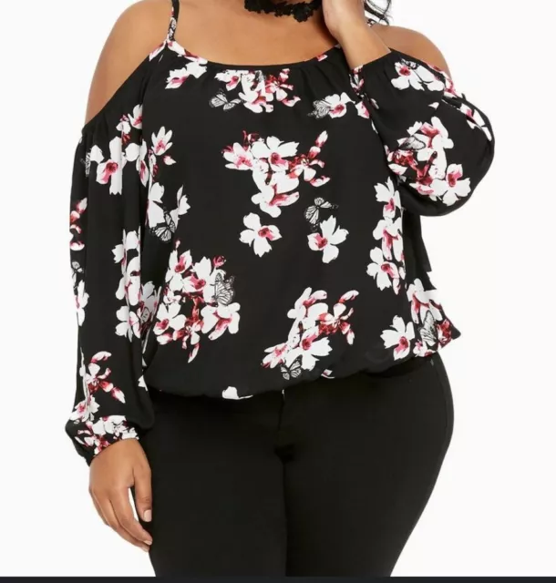 Torrid Women's Black Floral Print Georgette Cold Shoulder Blouse Sz 5X