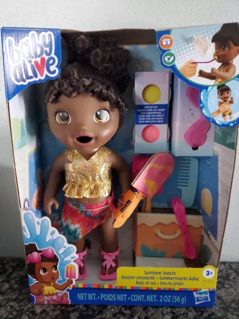 Baby Alive Sunshine Snacks Doll Eats & Poops Waterplay Black Brown Hair & Eyes