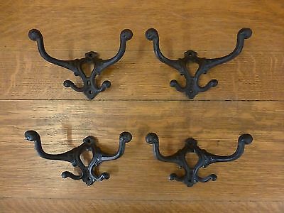 4 BROWN DOUBLE COAT HALL SEAT HOOKS HANGERS ANTIQUE-STYLE RUSTIC CAST IRON hat