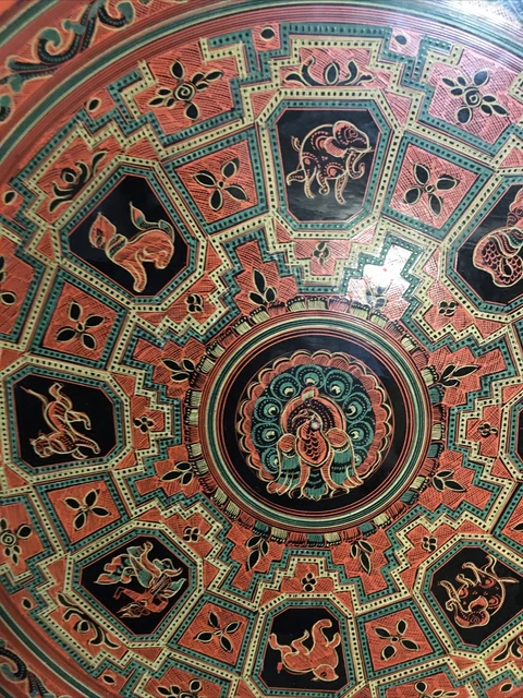 Vintage Burmese Lacquerware Tray Platter Wall Art 15.5” 3