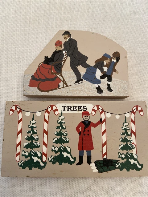 Vtg The Cat's Meow Wood Shelf Sitter Village Christmas Trees & Skaters Faline