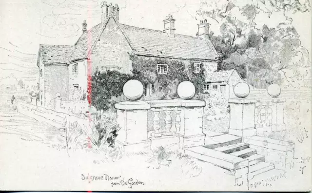 Sulgrave Manor Garden George Washington home J Finnemore sketch postcard