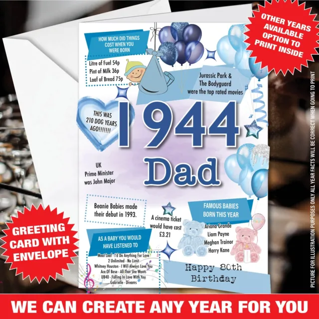 DAD 1944 80th Personalised Birthday Card UK facts 80 YEARS OLD Born in 083