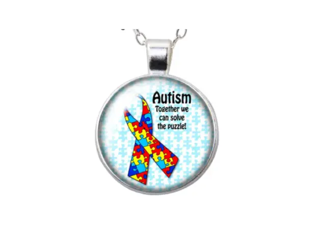 Autism Awareness Solve Puzzle colorful Ribbon Round Glass Rhinestone Necklace