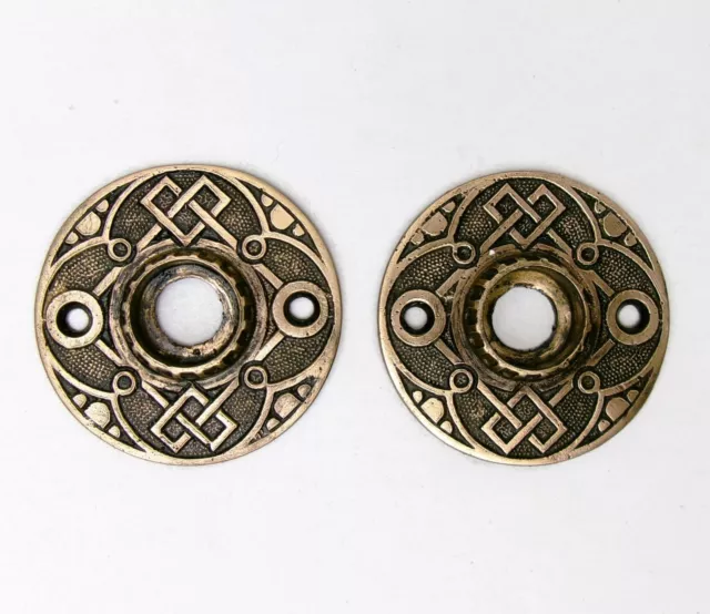 2 Antique Victorian Eastlake Brass Escutcheon Rosettes Door Plates Backplates