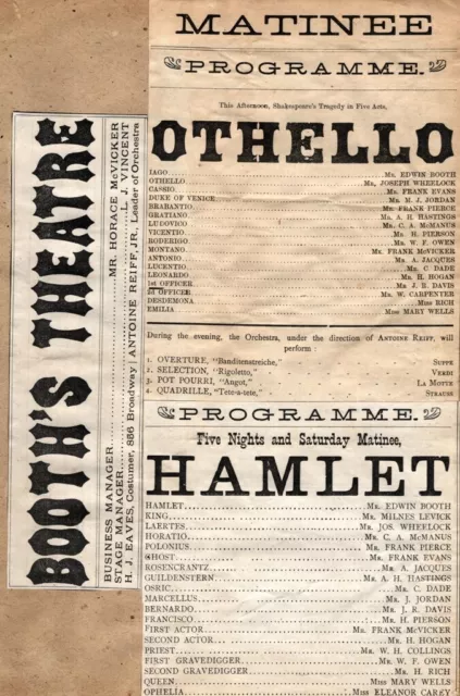 *Edwin Booth Rare 1878 Booth's Theatre Hamlet & Othello Program*