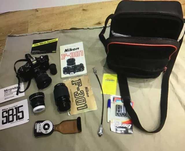 Nikon F301 + 2 Extra Lens Instructions Book & More In Holdall