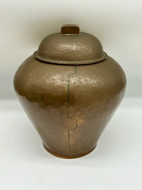 Dirk Van Erp Influenced Hammered Copper Covered Vase / Jar Signed N.L. Lake 8.5”