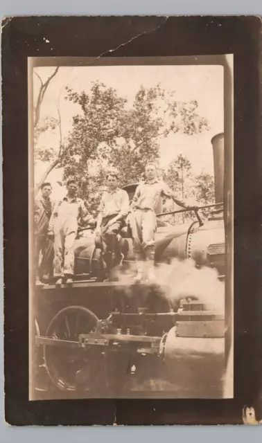 STEAM TRAIN ENGINE & CREW c1910 real photo postcard rppc antique railroad worker