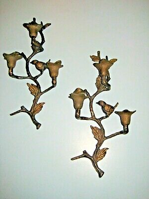 Pair Cast Wall Sconces Vine Bird 3 Flower Candle Holders Bronze 16" x 7" Vintage