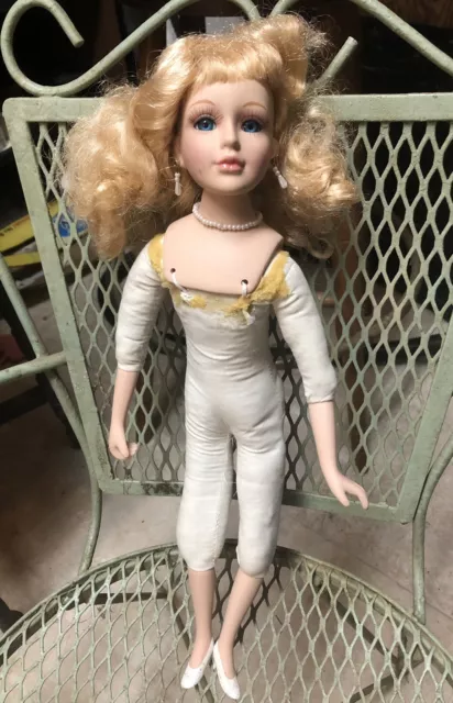 Vintage Cloth Body Bisque Porcelain Head Shoulder, Legs, Arms Doll W/ Blue Eyes