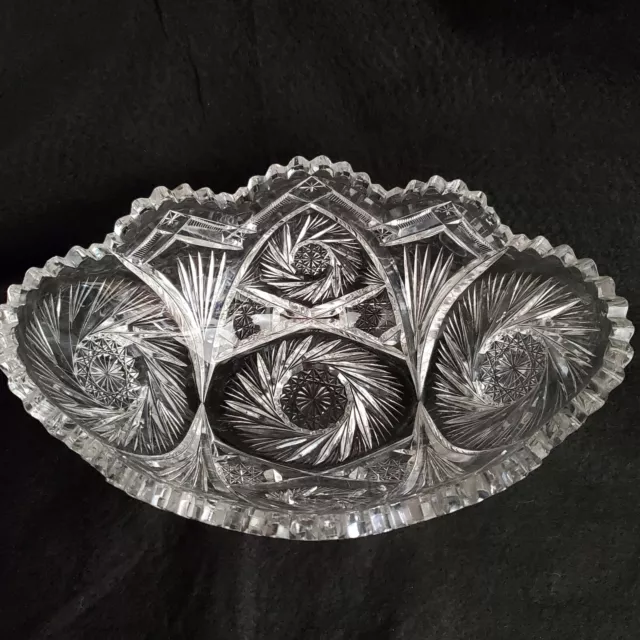 American Brilliant Oval Saw Tooth Rim Cut Crystal Glass Bowl 11 1/2" X 7 3/4"
