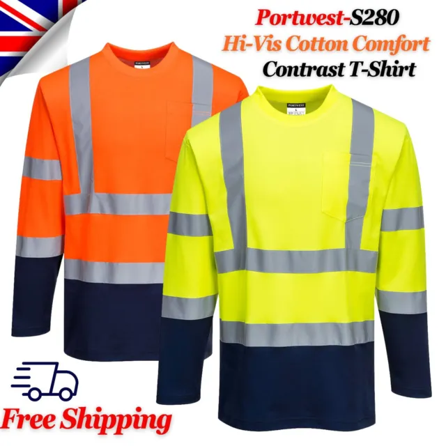 PORTWEST Hi-Vis Viz Crew neck Safety  Work Cotton Comfort Contrast T-Shirt L/S