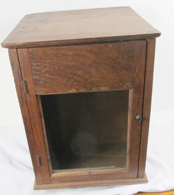 antique 14" Glass & Oak Wood Rotating Display Curio Cabinet Counter Top