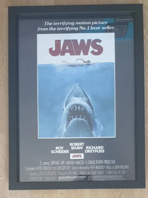 Framed JAWS Movie Poster A3 Brand New BLACK WOODEN FRAME