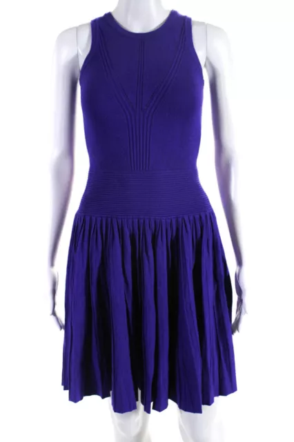 Milly Womens Crew Neck Knit Pleated Drop Waist Midi Dress Purple Size Petite
