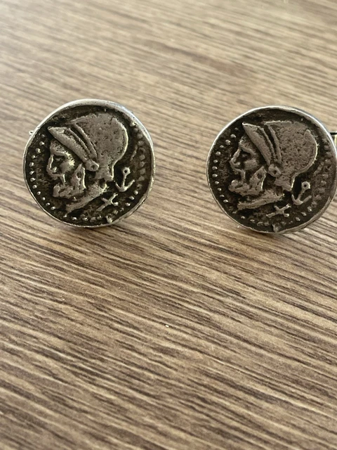 Boutons De Manchettes Anciens Argent Massif – Motif Monnaie Antique, Homme
