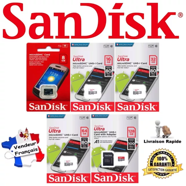 Carte Mémoire SANDISK Classe 4 / 10 - Micro SD SDHC SDXC 8 16 32 64 ou 128 Go Gb