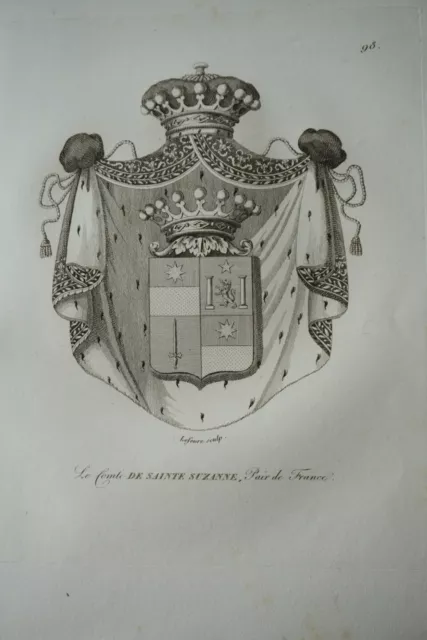 Gravure Blason Heraldique Comte De Sainte Suzanne Armoiries Restauration 1815