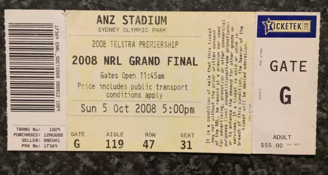 Rugby League Ticket Stub Telstra Premiership Nrl Grand Final 2008