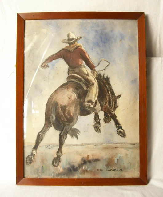 Rodeo Y Vaquero Round-Up Vachero Acuarela Color Del Agua Firmado Ed Lafargue C