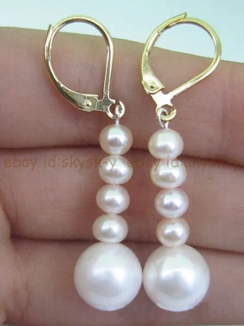 Aaa 10-11Mm Natural South Sea White Pearl Dangle Earrings 14K Yellow Gold