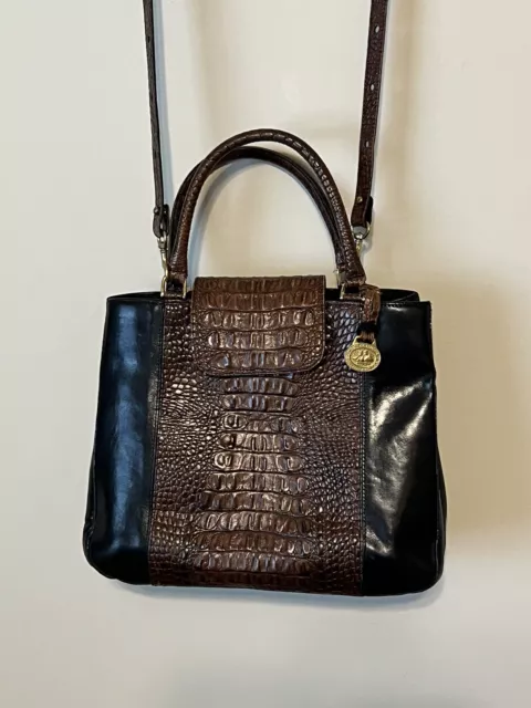 BRAHMIN  Vintage  Black/Brown Croc-Embossed Leather Satchel w/Shoulder Strap