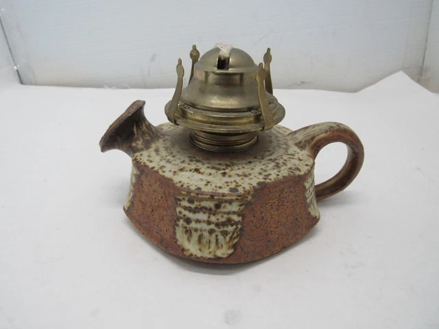 Signed Hand Thrown Glazed Pottery Oil Lamp USA  No Globe