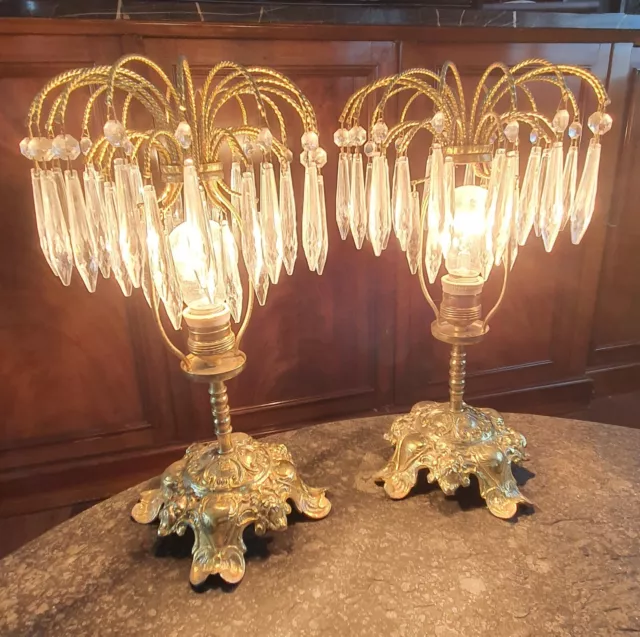 2x Tischlampe Messing Kristallglas Spitzen Fontane Zapfen Barock Gold Antik-Stil
