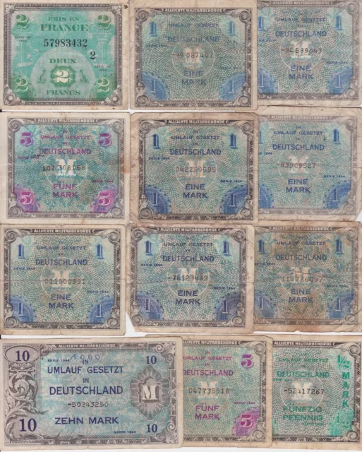 12 Banknoten 1/2 bis 10 Mark alliierte Militärbehörde 1944 (150434)