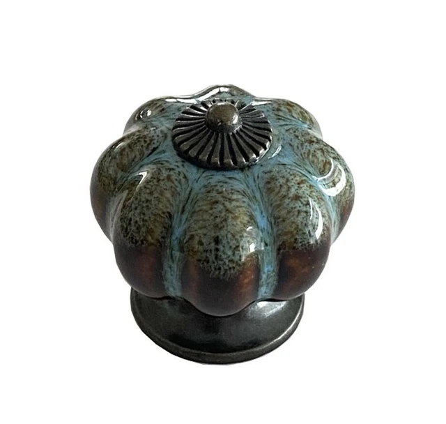 Antique Blue Ceramic Door Knobs Vintage Pumpkin Style Cabinet Drawer Pulls