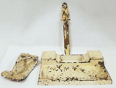 Antique Cast Iron Victorian Owl Ink Well Desk Set with Letter Opener - a HOOT!