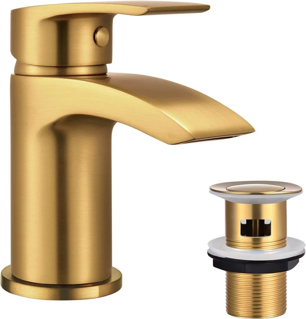 Hapilife Brushed Gold Basin Tap with Pop up Waste Hose & Fittings
