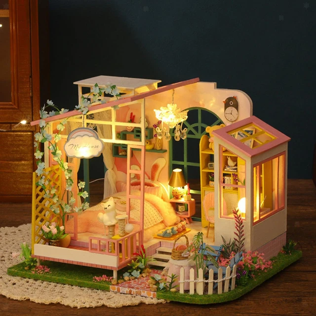 Maison De Poupée D'angle En Bois Fait Main Avec Lumières - Créative, Moderne - Neuf