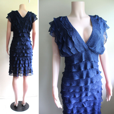 XL Max Studio Navy Blue Poly Lace Knit Ruffle Dress Short Sleeve Bodycon Knee
