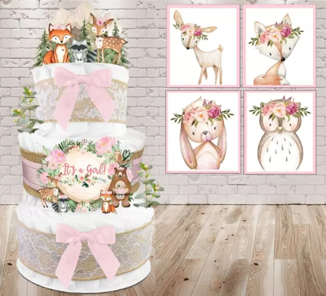 Woodland Creatures Diaper Cake - Baby Shower Gift for a Girl  -  Kit - Pink