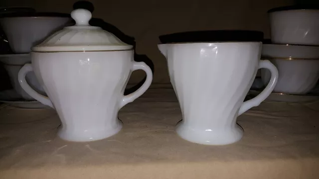 Anchor Hocking Fire King Cream & Sugar Set White Swirl Milk Glass Gold Trim