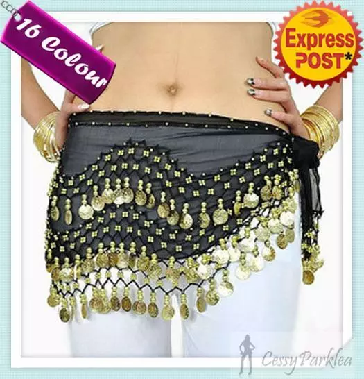 3 Rows Belly Dance Hip Scarf Belt Chain Skirt Golden Silver Tone 128 Coins Beads