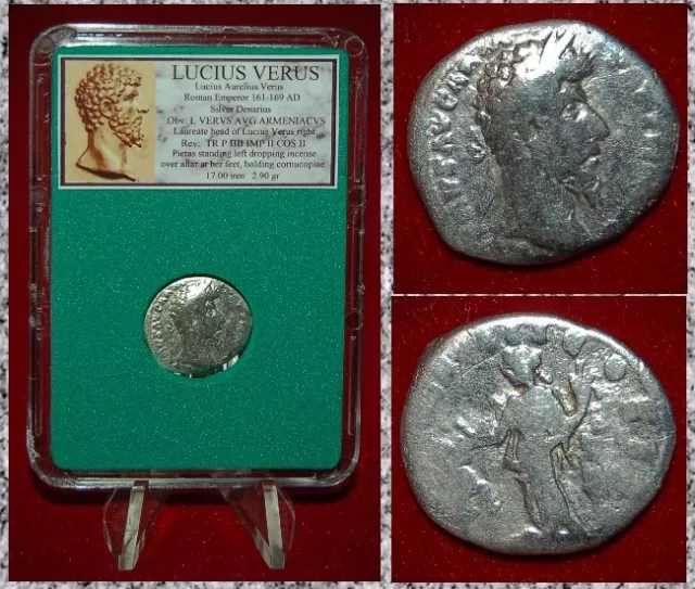 Ancient Roman Empire Coin LUCIUS VERUS Pietas With Incense Altar Silver Denarius