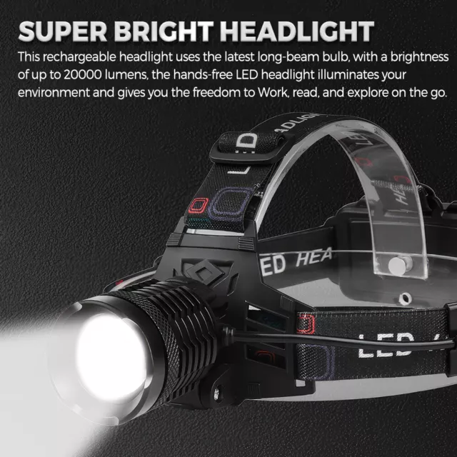 20000 Lumen LED Headlamp Rechargeable Head Torch Lamp Flashlight 2-color temp 2